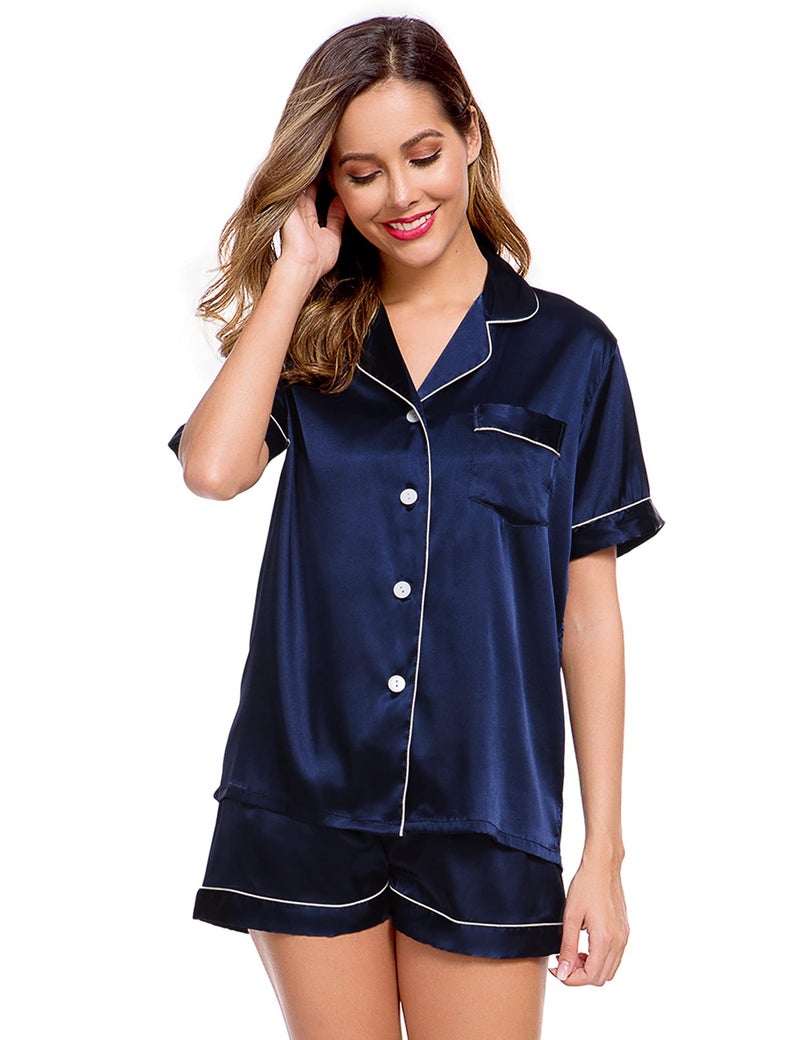 LecGee Womens Silk Satin Pajamas Short Sleeve Loungewear Two-Piece Sleepwear Button-Down Pj Set - Image 2